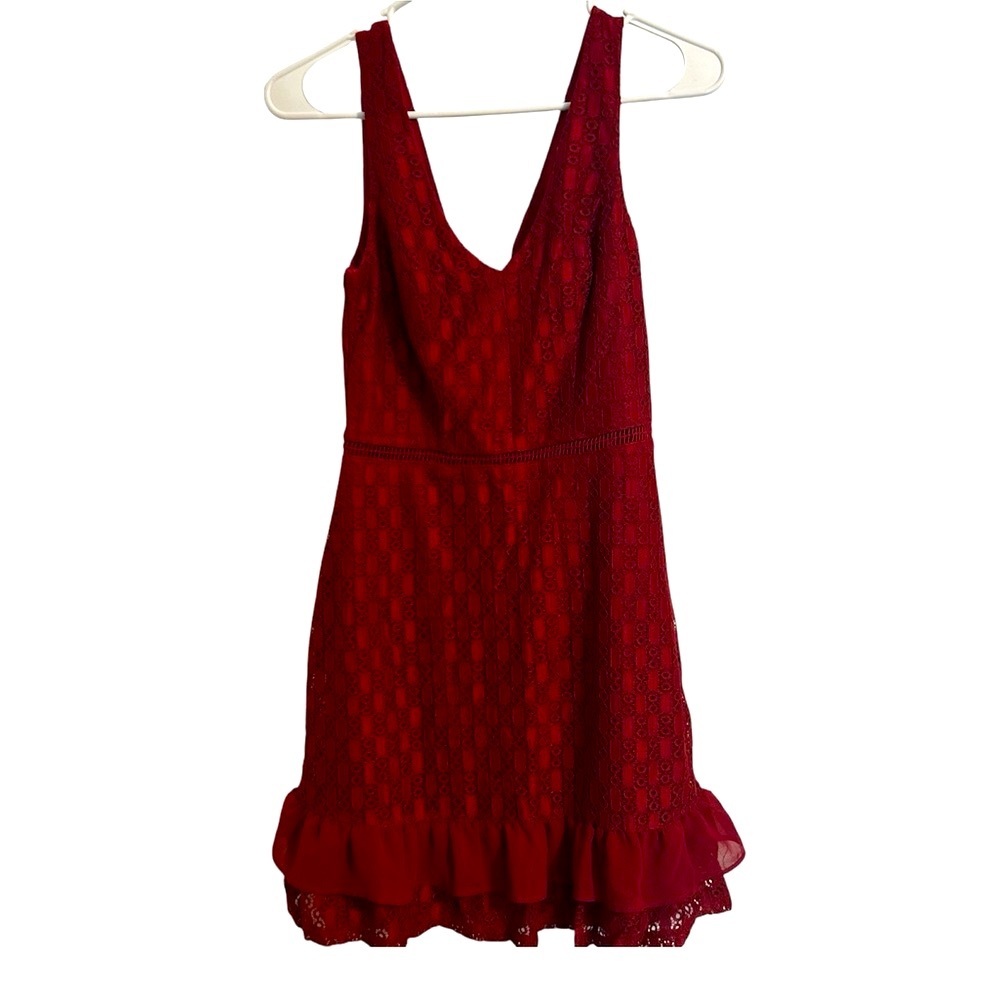 City Studio Red Sleeveless Long V-Neck Mini Ruffled Square Design Dress